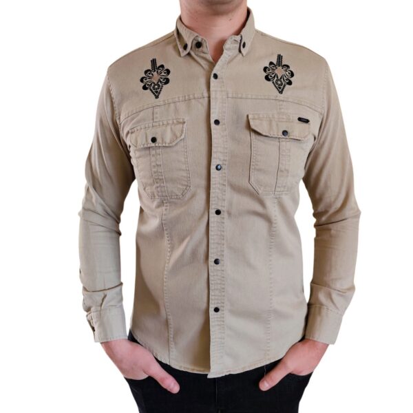 Elegancka Męska Koszula z haftem Folkowa Slim Fit snapy casual Beżowa 6XL
