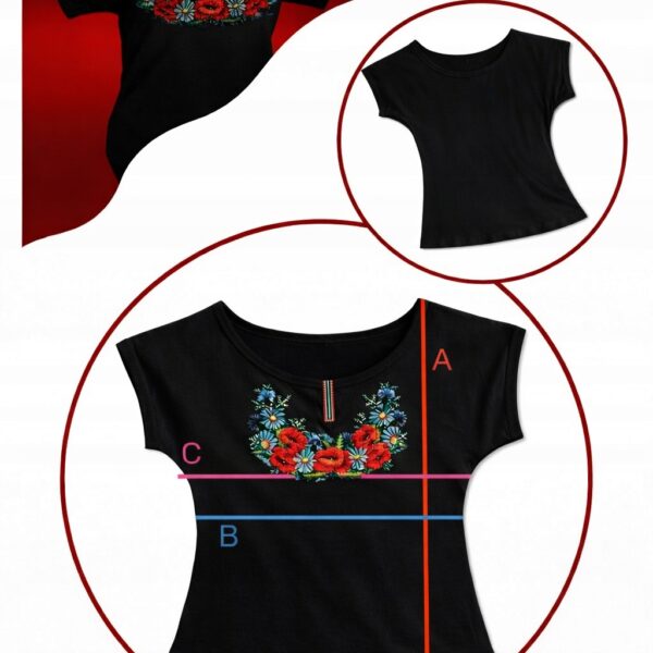 Bluzka Damska Góralska z Haftem T-shirt Kwiaty FOLK do Stroju Czarna 4XL