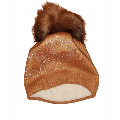 Czapka zimowa z pomponem w cekiny BRĄZOWA
