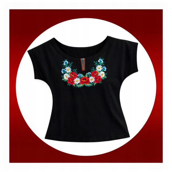 Bluzka Damska Góralska z Haftem T-shirt Kwiaty FOLK do Stroju Czarna 4XL