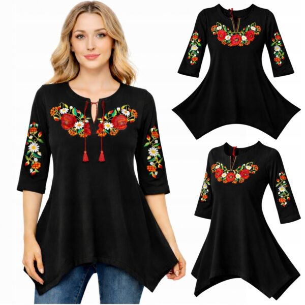 Tunika damska Folk Góralska Haftowana w kwiaty 3/4 Rękaw Bluzka Czarna 4XL