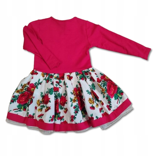 Regionalna Sukienka GÓRALSKA dla dziewczynki z kokardką Kwiaty 116/122 Róż