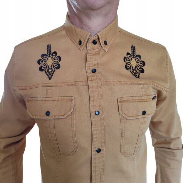 Męska Koszula z haftem Slim Fit snapy elegancka casual FOLK Jasny Brąz L