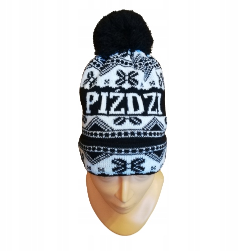 Czapka zimowa pompon 'PIŹDZI' czarn-biała