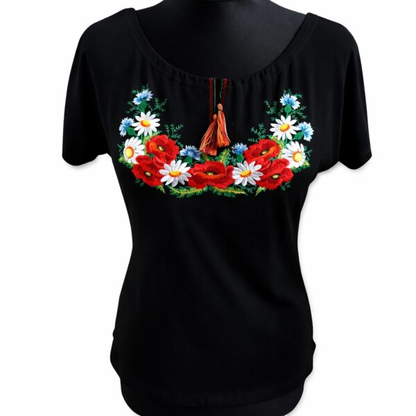 Bluzka Damska Góralska z Haftem T-shirt Kwiaty FOLK do Stroju Czarna 4XL