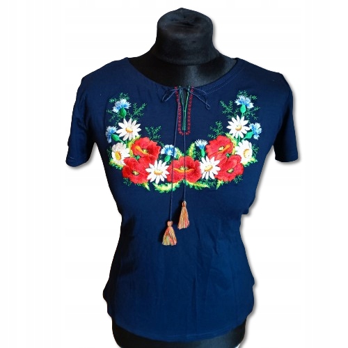 Bluzka damska T-shirt HAFTOWANA Kwiaty FOLK Góralska do stroju Granatowa L