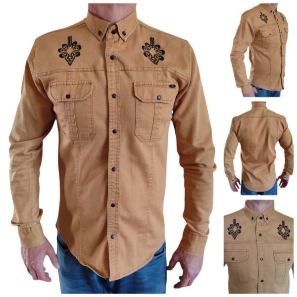 Męska Koszula z haftem Slim Fit snapy elegancka casual FOLK Jasny Brąz L