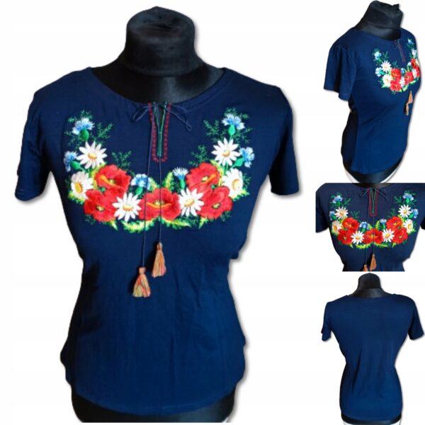 Bluzka damska T-shirt HAFTOWANA Kwiaty FOLK Góralska do stroju Granatowa L