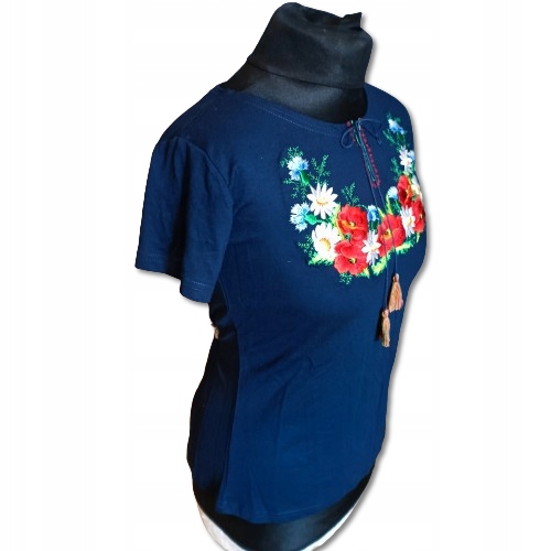 Bluzka damska T-shirt HAFTOWANA Kwiaty FOLK Góralska do stroju Granatowa L