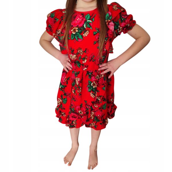 Dziewczęca Sukienka Regionalna w KWIATY GÓRALSKA Ludowa 128/134 Czerwień