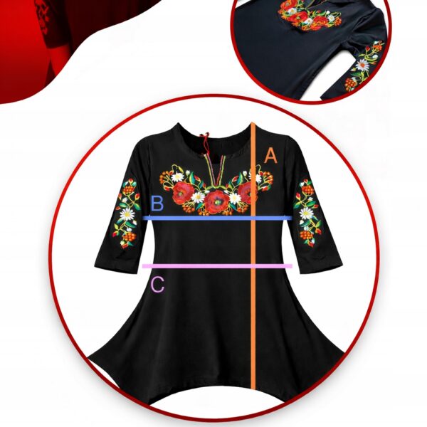 Tunika damska Folk Góralska Haftowana w kwiaty 3/4 Rękaw Bluzka Czarna 4XL