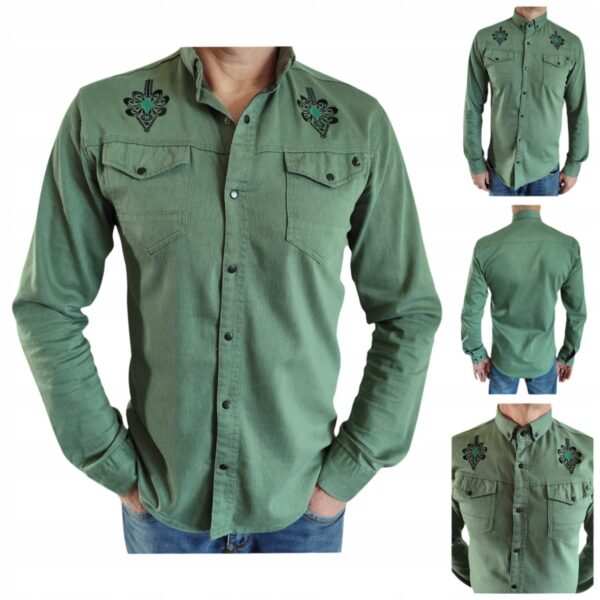 Męska Koszula Slim Fit elegancka z haftem snapy casual FOLK Zieleń S