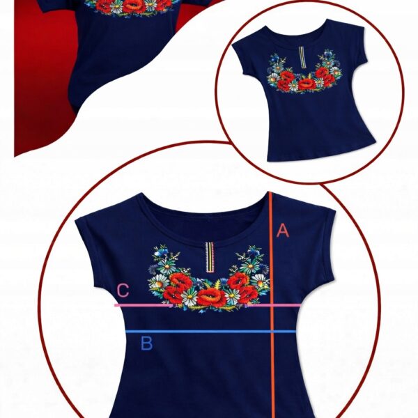 Bluzka Damska Góralska z Haftem T-shirt Kwiaty FOLK do Stroju Granat 3XL