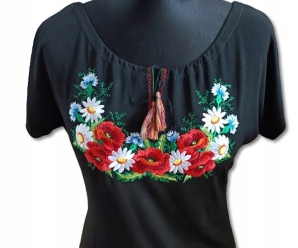 Bluzka Damska Góralska z Haftem T-shirt Kwiaty FOLK do Stroju Czarna 4XL
