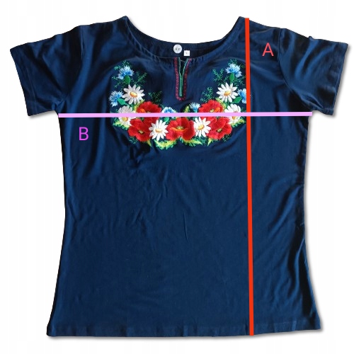 Bluzka damska T-shirt HAFTOWANA Kwiaty FOLK Góralska do stroju Czarna L