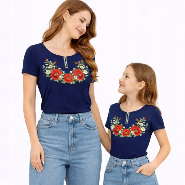 Bluzka Damska Góralska z Haftem T-shirt Kwiaty FOLK do Stroju Granat 3XL