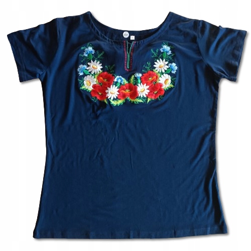 Bluzka damska T-shirt HAFTOWANA Kwiaty FOLK Góralska do stroju Granatowa L