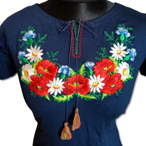 Bluzka damska T-shirt HAFTOWANA Kwiaty FOLK Góralska do stroju Granatowa L