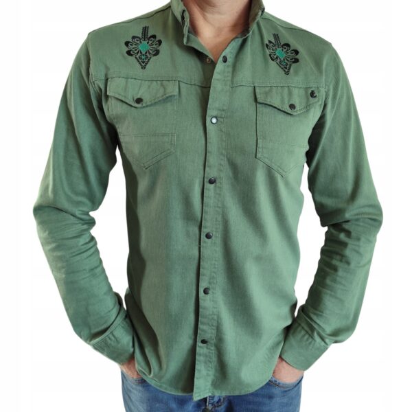Męska Koszula Slim Fit elegancka z haftem snapy casual FOLK Zieleń S