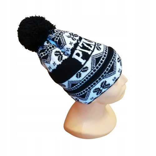 Czapka zimowa pompon 'PIŹDZI' czarn-biała