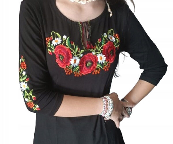 Tunika damska Folk Góralska Haftowana w kwiaty 3/4 Rękaw Bluzka Czarna 4XL