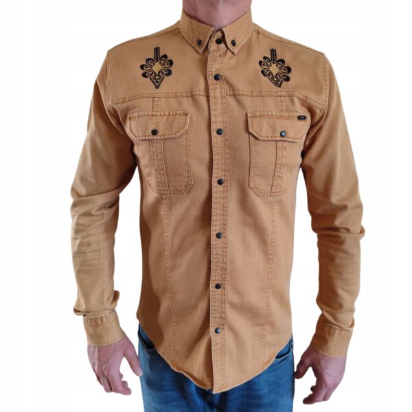 Męska Koszula z haftem Slim Fit snapy elegancka casual FOLK Jasny Brąz L