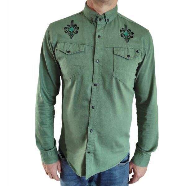 Męska Koszula Slim Fit elegancka z haftem snapy casual FOLK Zieleń S
