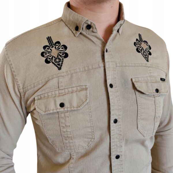 Elegancka Męska Koszula z haftem Folkowa Slim Fit snapy casual Beżowa 6XL