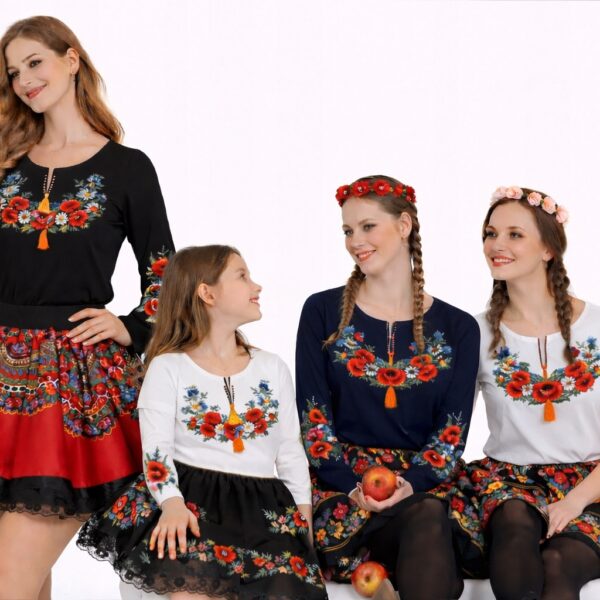 Bluzka Damska Góralska z Haftem T-shirt Kwiaty FOLK do Stroju Granat 3XL