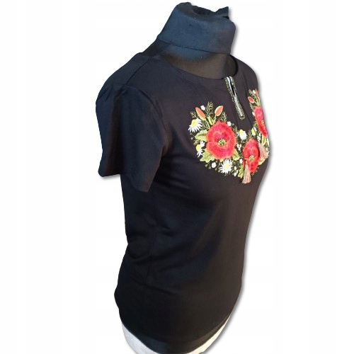 Bluzka damska T-shirt HAFTOWANA Kwiaty FOLK Góralska do stroju Czarna L