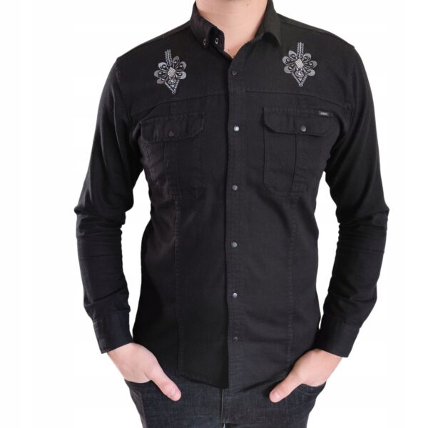 Męska Koszula z haftem Slim Fit snapy elegancka casual Folkowa Czarna 3XL