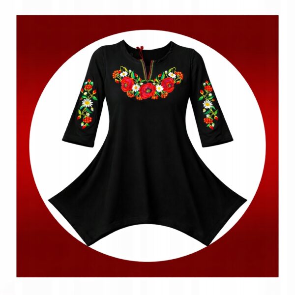 Tunika damska Folk Góralska Haftowana w kwiaty 3/4 Rękaw Bluzka Czarna 4XL