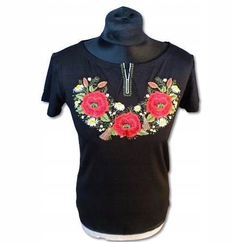 Bluzka damska T-shirt HAFTOWANA Kwiaty FOLK Góralska do stroju Czarna L