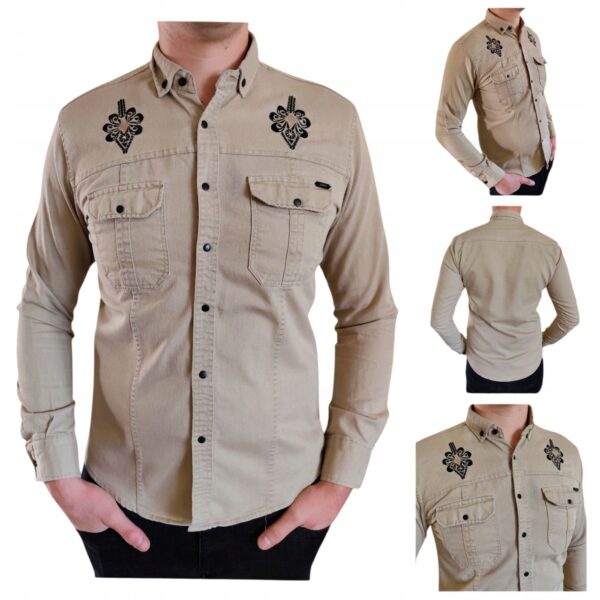 Elegancka Męska Koszula z haftem Folkowa Slim Fit snapy casual Beżowa 6XL