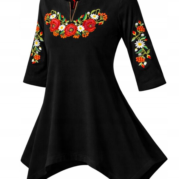 Tunika damska Folk Góralska Haftowana w kwiaty 3/4 Rękaw Bluzka Czarna 4XL
