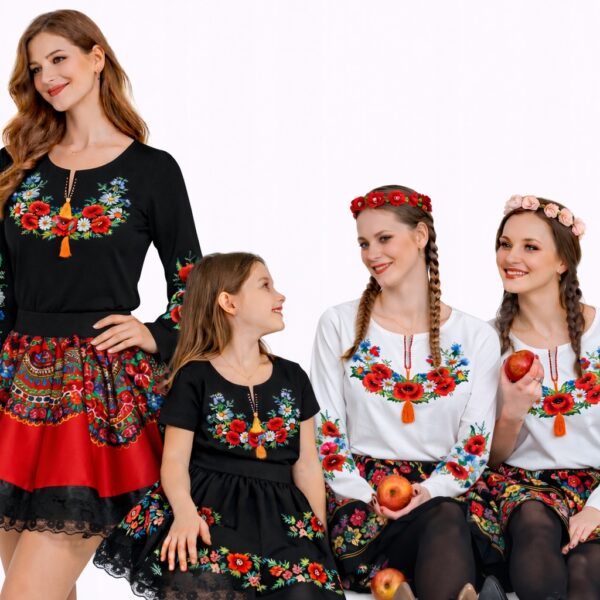 Bluzka Damska Góralska z Haftem T-shirt Kwiaty FOLK do Stroju Czarna 4XL