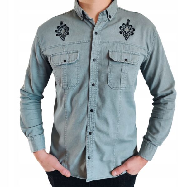 Męska koszula casual Slim Fit haft snapy elegancka Folkowa Zielona 5XL