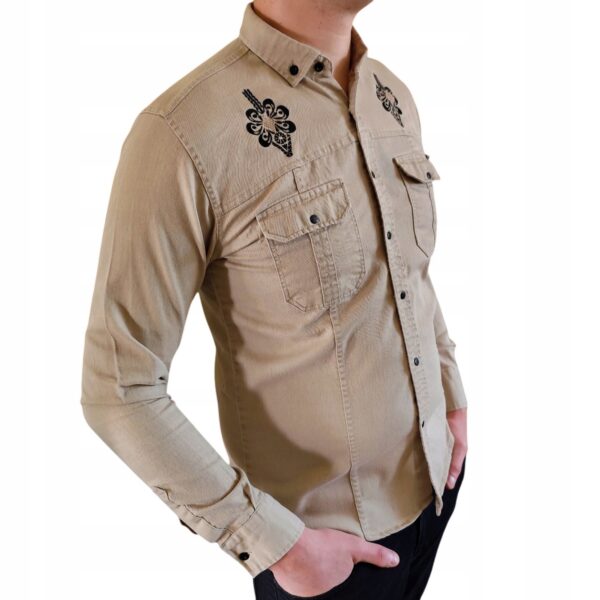 Elegancka Męska Koszula z haftem Folkowa Slim Fit snapy casual Beżowa 6XL