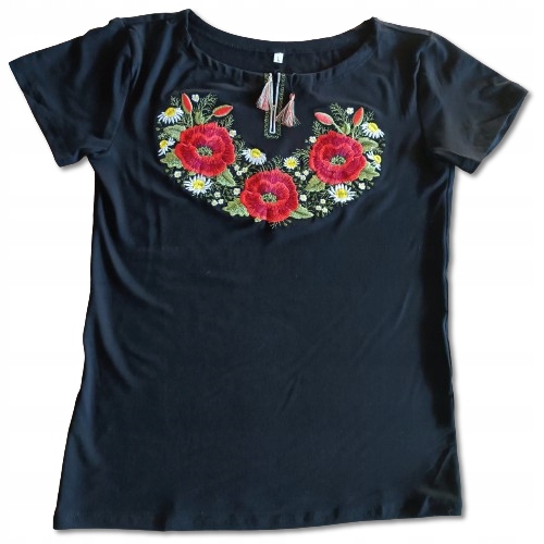 Bluzka damska T-shirt HAFTOWANA Kwiaty FOLK Góralska do stroju Czarna L