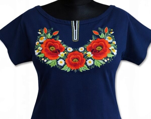 Bluzka Damska Góralska z Haftem T-shirt Kwiaty FOLK do Stroju Granat 3XL