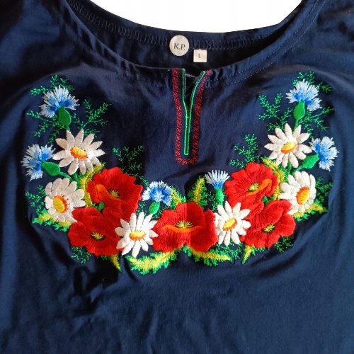 Bluzka damska T-shirt HAFTOWANA Kwiaty FOLK Góralska do stroju Granatowa L